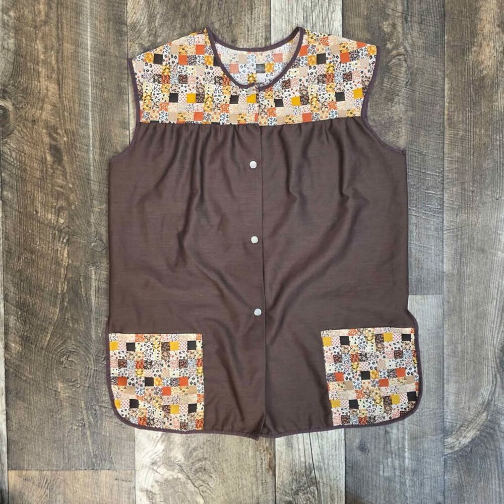 Vintage Brown Patchwork Apron Vest Grandmacore Prairie Top